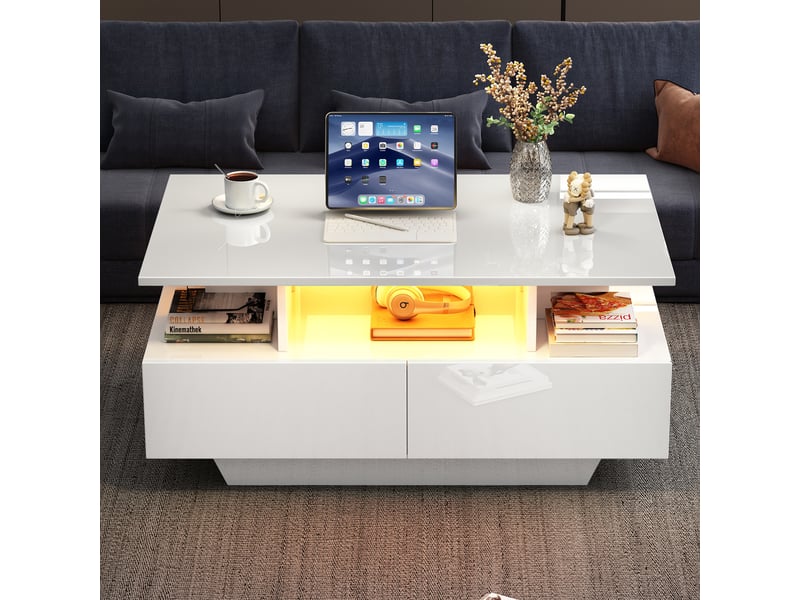  Table basse blanche brillante avec led intégrée, 2 tiroirs de rangement, 90x55x41 cm, charge 30 kg  - Conforama D