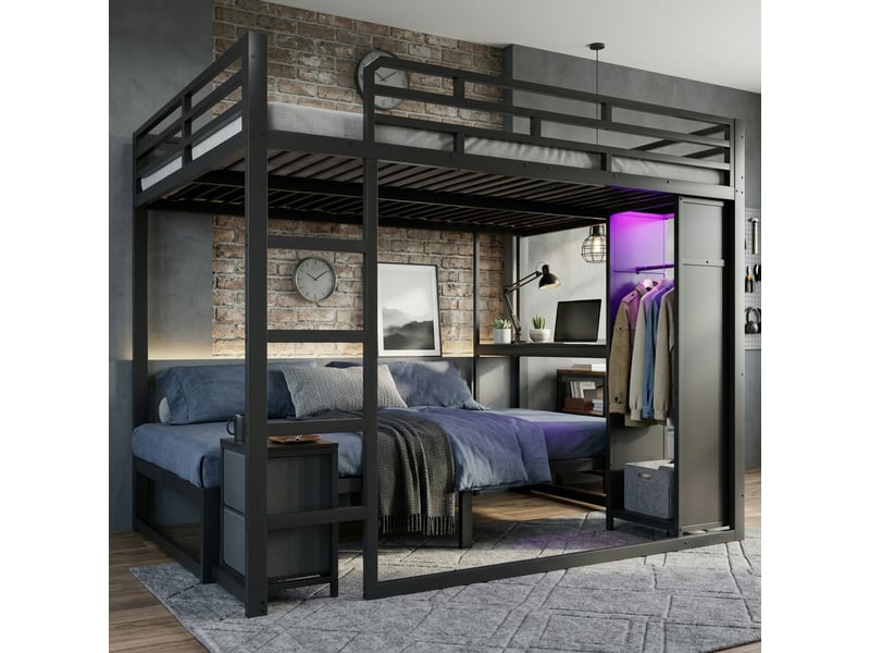  Lit superposé 3 places 140 x 200 cm et 90 x 200 cm avec chevet mobile, penderie avec led, étagère et garde-corps en métal noir sans matelas  - Conforama B