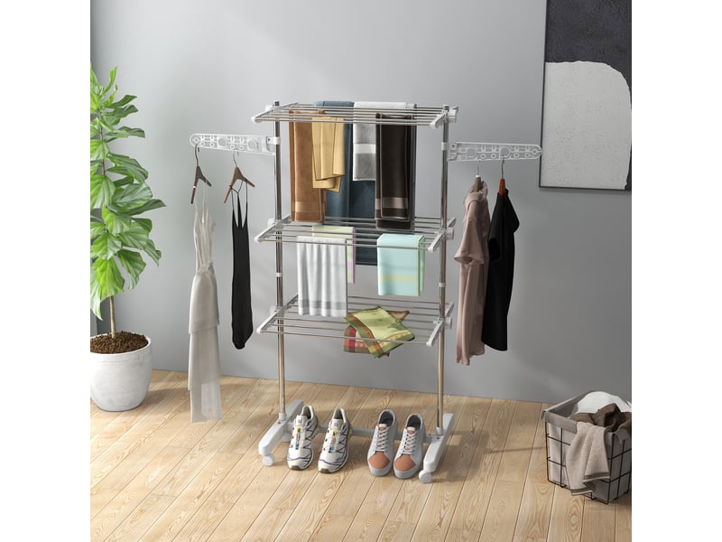  Séchoir à linge vertical pliable avec 6 roues, 2 côtés pliables, étagères réglables et cadre en acier inoxydable pour une utilisation intérieure et extérieure  - Conforama D