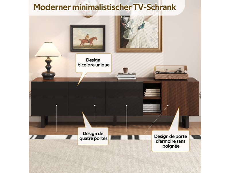  Meuble tv 180 cm – noir laqué + bois –  4 portes sans poignée - buffet bas et table tv moderne - meuble tv salon rangement naturel  - Conforama D
