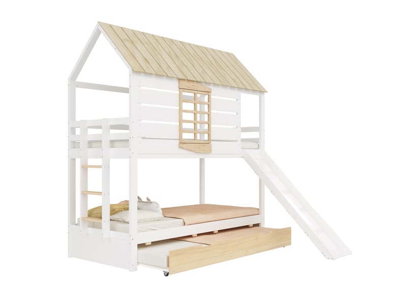 Lit superposé cabane 90x200 cm avec toboggan et lit gigogne - Conforama A