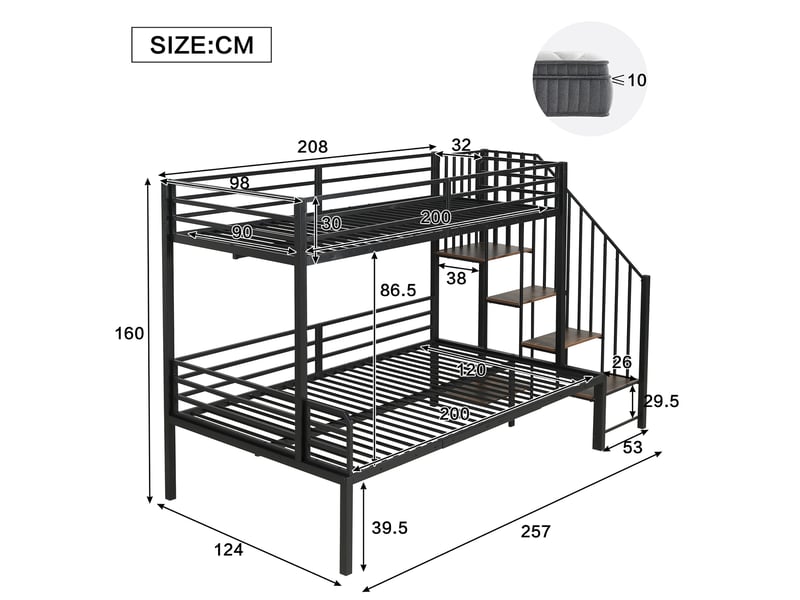  Modenvie lit superposé 90x200 cm et 120x200 cm - avec escalier d angle et rangement, sans matelas - noir  - Conforama C