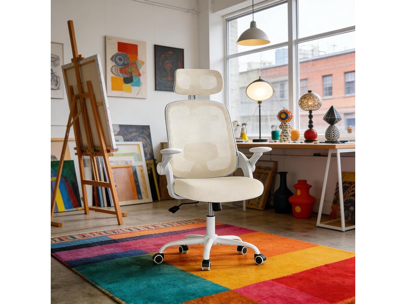  Chaise de bureau ergonomique pivotante avec dossier inclinable, accoudoirs réglables, en maille beige  - Conforama B