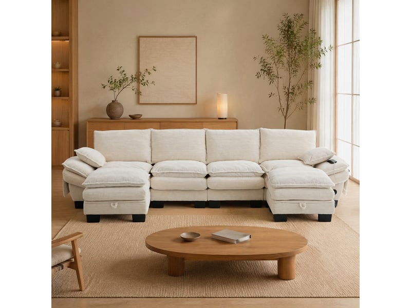  Canapé modulable 4 places avec 2 poufs beige en velours côtelé, port usb-c  - Conforama C