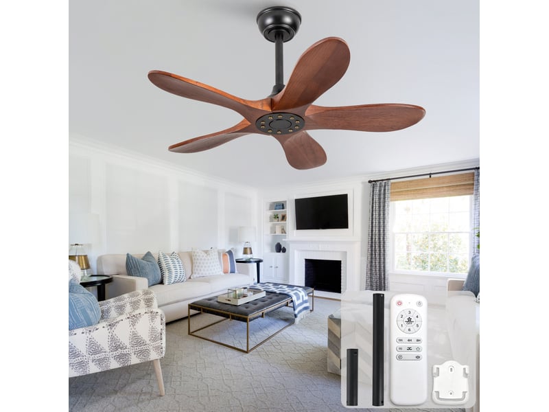 Ventilateur de plafond 36 pouces sans lumière en bois foncé et noir, 5 pales, télécommande, silencieux - Conforama B