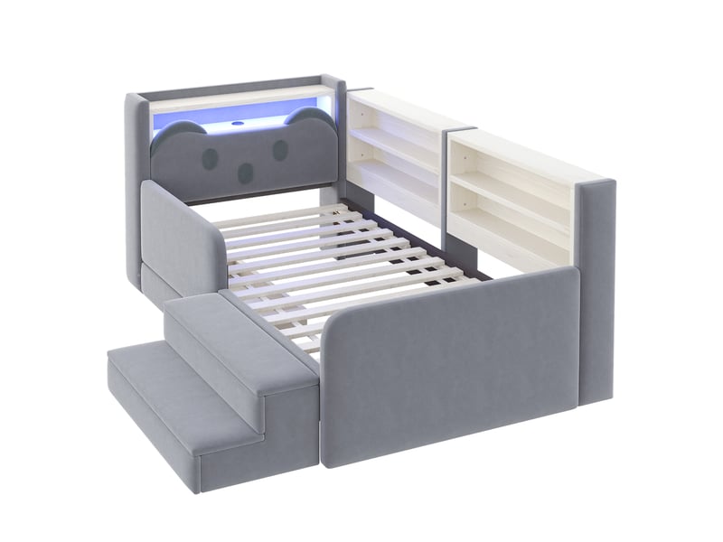  Lit rembourré enfant 90 x 200 cm – tête de lit avec rangement – ​​inclut 1 tiroir – inclut un pied de lit – inclut éclairage led et port usb – gris (matelas non inclus)  - Conforama W