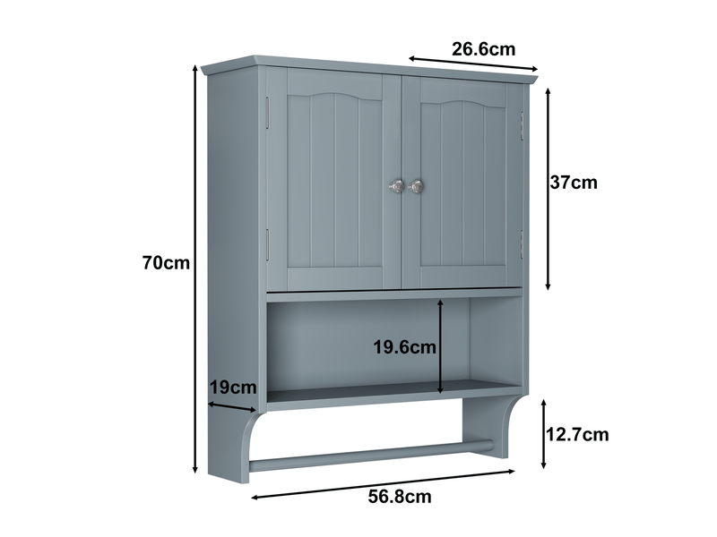 Armoire de salle de bain murale moderne 56,8x19x70 cm, 2 portes, rangement ajustable, porte-serviettes, mdf, gris clair - Conforama C