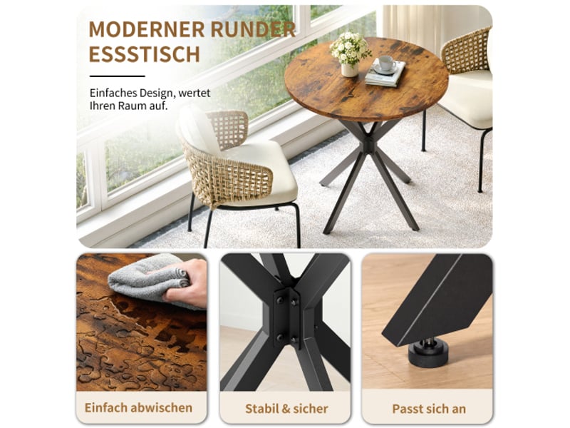  Table ronde industrielle ø80 cm – pieds en x brun-noir vintage, table cuisine et bureau à domicile  - Conforama E