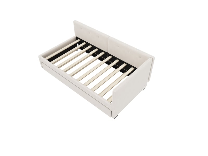  Lit banquette 90x200 avec lit gigogne, canapé lit simple en velours beige, cadre de lit avec sommier  - Conforama W