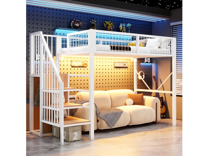  Lit mezzanine 90x200 cm en métal blanc avec échelle de rangement et led  - Conforama E