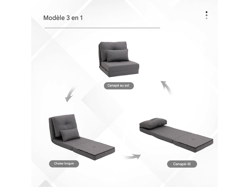  Chauffeuse convertible 1 place avec coussin gris foncé 60 x 80 x 56 cm  - Conforama E