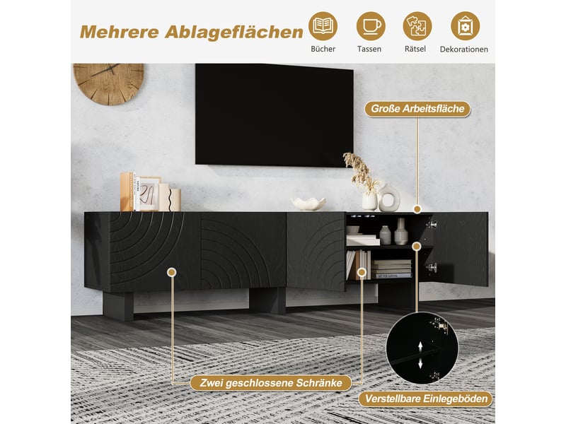  Meuble tv noir 180 cm avec quatre portes texturées, meuble bas de salon pour téléviseur jusqu'à 75 pouces, rangement fermé  - Conforama R