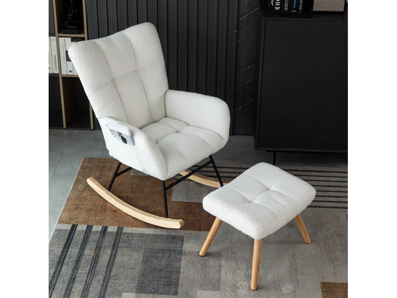  Fauteuil à bascule tcqpz blanc avec repose-pieds 49 x 38 x 38 cm en bouclette  - Conforama E