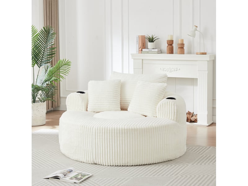  Canapé lounge rond 142.00×142.00×85.00 cm en velours côtelé avec porte-gobelets et poches latérales beige chicfurn  - Conforama B