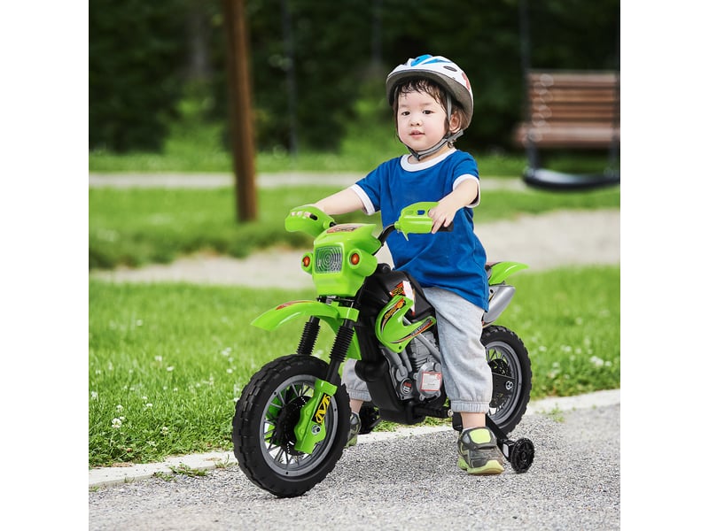  Moto électrique enfants, moto cross pour enfants avec batterie 6 v, phares, musiques et roues d'entraînement, 3 à 6 ans, charge 25kg, vert et noir  - Conforama C