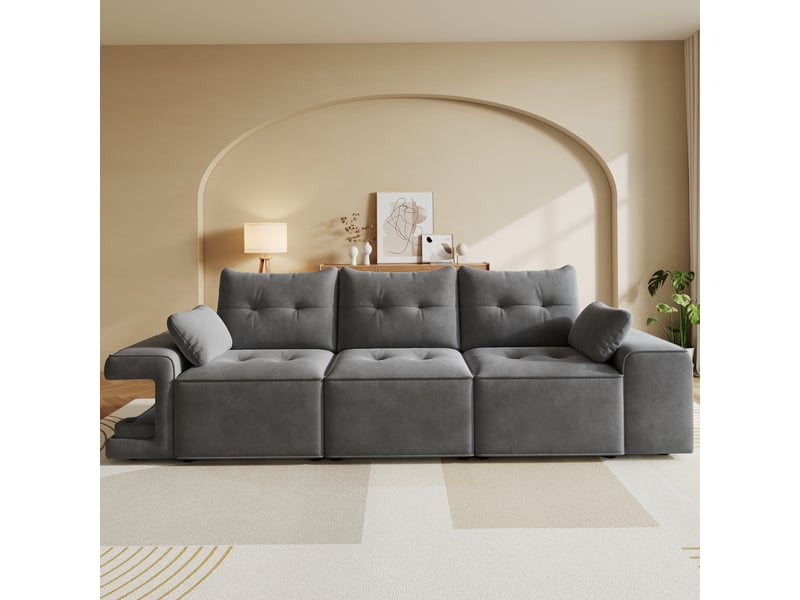  Canapé modulable 3 places, velours gris avec accoudoirs larges, canapé avec rangement intégré et niche intégrée pour salon, 229.5cm  - Conforama D