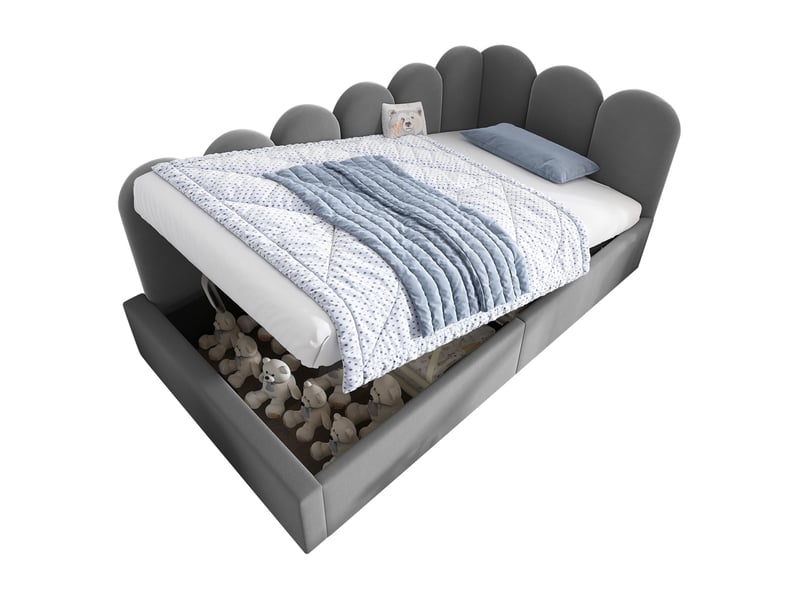  Lit enfant 90x200 cm, lit coffre, rangement et lattes métalliques, revêtu de tissu velours, coloris gris, sans matelas  - Conforama A
