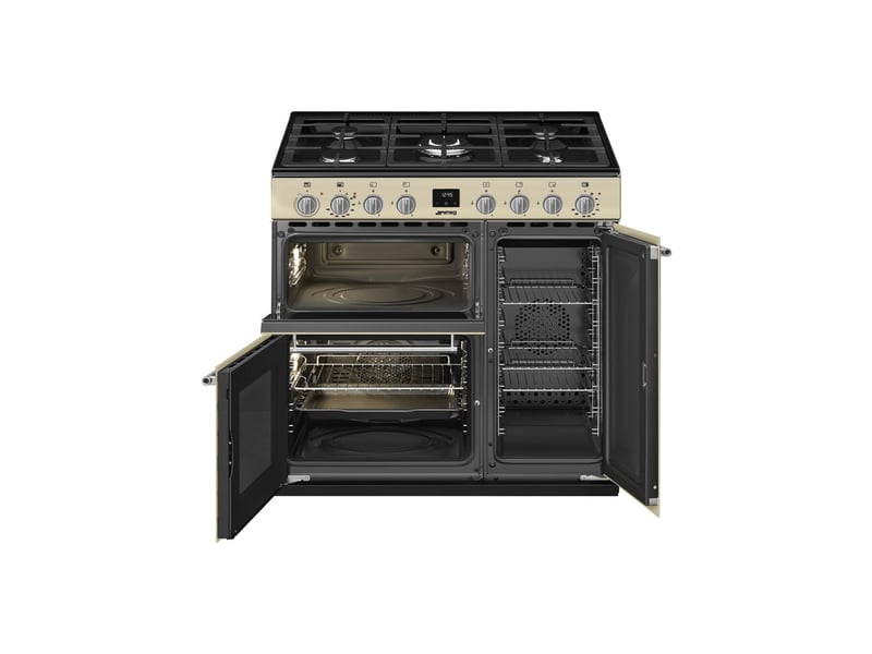  Cuisiniere pose libre 90 cm 5 foyers gaz avec 3 fours creme verre 7798911 - Conforama D
