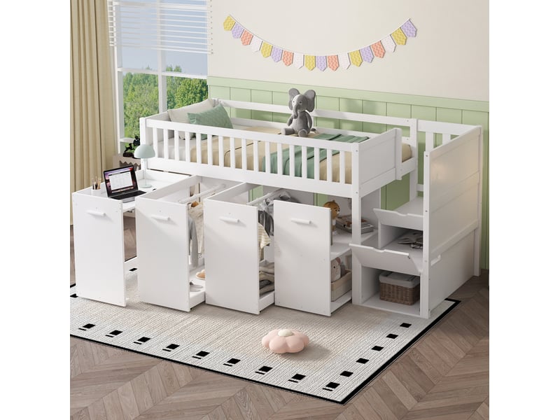  Lit superposé enfant 90x200 cm avec bureau coulissant et rangements, bois et mdf blanc sans matelas  - Conforama D