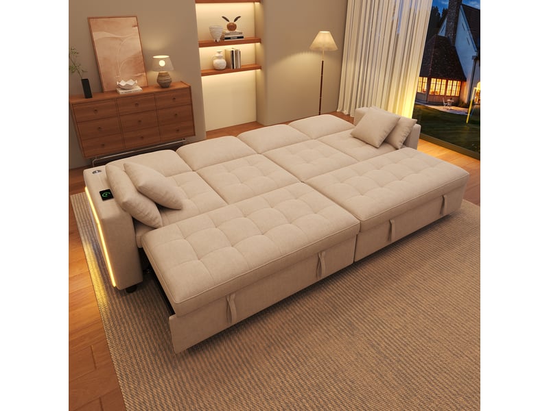 Canapé d'angle convertible 4 places 262,5 x 140 cm avec 2 couchages indépendants - led - usb type-c - dossier réglable - chenille beige - Conforama B