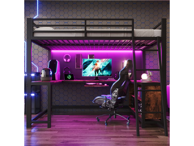  Lit mezzanine 120 x 200 cm - avec prise de courant et lumière led - avec bureau , plateau pour clavier et espace de rangement - noir (matelas non inclus)  - Conforama D
