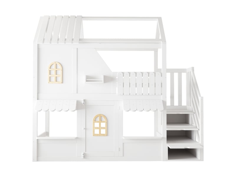  Lit superposé enfant 90x200 cm - en bois avec rangement, échelle et étagères - design maison avec led - blanc  - Conforama W
