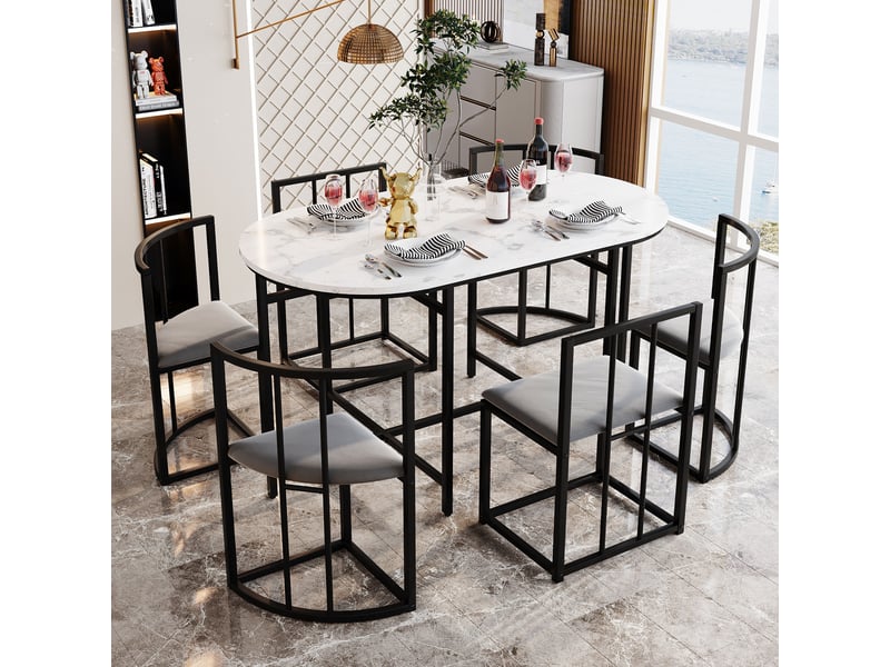 Ensemble salle à manger moderne, table blanche + 6 chaises grises – structure métal noir - Conforama B