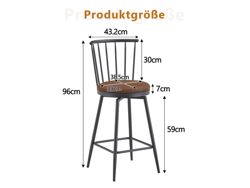  Tabouret de bar haut 39x39x96 cm, chaise de bar, style windsor, assise ronde, pour comptoir, structure métal, marron  - Conforama C