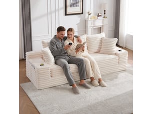 Canapé velours côtelé beige modulable convertible avec porte-gobelets et poches latérales, haut dossier, 273 cm