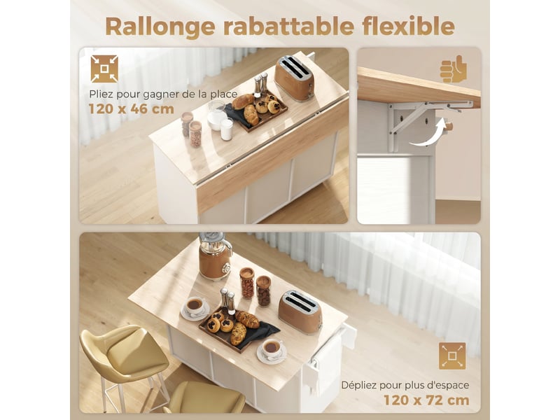  Îlot de cuisine plateau rabattable 3 portes 2 tiroirs blanc 129 x 72 x 90,5 cm  - Conforama D