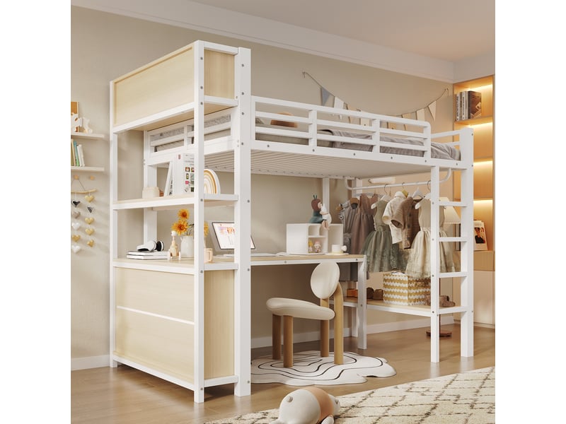  Lit mezzanine enfant 90x200 cm, bureau intégré, penderie, étagères et compartiments, barrière de sécurité, métal blanc Radiant Stride - Conforama D