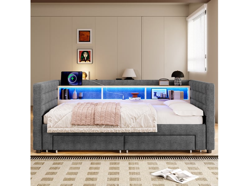 Lit enfant gigogne 90x190 cm avec led, 2 tiroirs, style minimaliste, ports usb type-c velours gris sans matelas - Conforama B