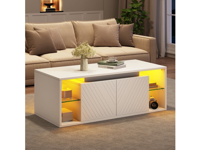 Table basse avec led, 2 portes et rangements semi-ouverts pour salon en panneau de particules blanc 100 × 50 × 41 cm - Conforama B