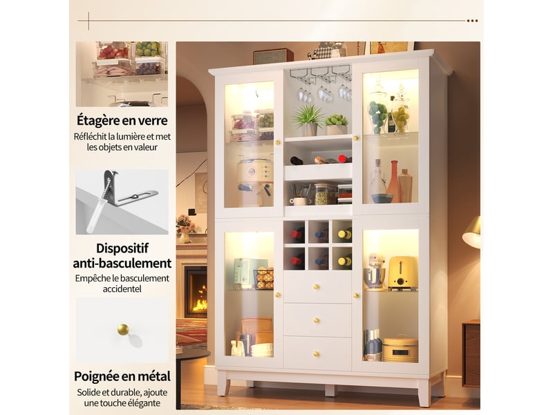  Meuble de cuisine muvano blanc, buffet bar avec 3 tiroirs et éclairage led, 120 × 40 × 180,5 cm  - Conforama R