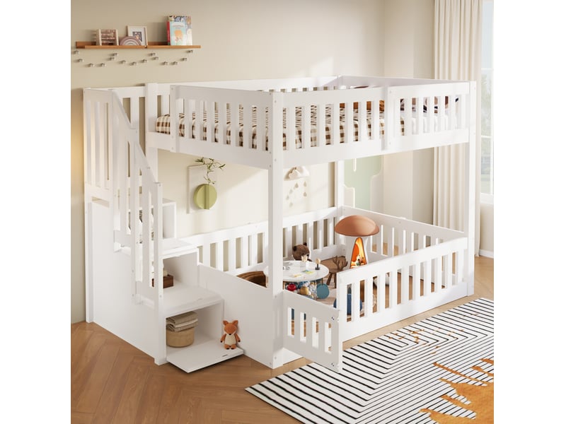  Lit superposé modenvie bas 140 x 200 cm avec escalier de rangement blanc  - Conforama B