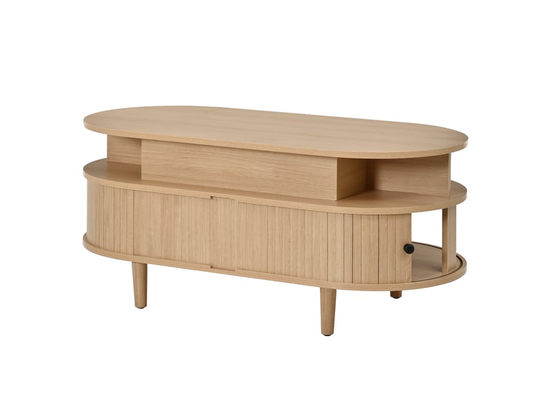  Table basse ovale avec plateau relevable hydraulique, rangement caché, tiroir et portes coulissantes, mdf, coloris naturel  - Conforama D