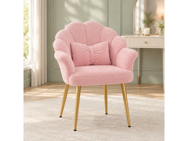 Fauteuil de salle à manger 1 place à dossier pétale en tissu teddy rose, pieds dorés  - Conforama D