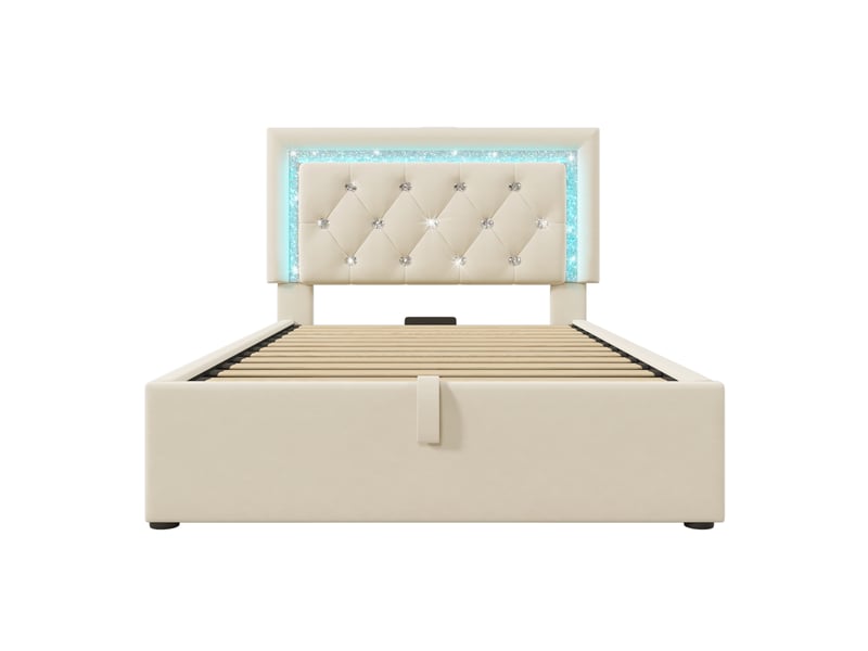  Lit coffre 90x200 cm avec sommier relevable, sans matelas, velours beige  - Conforama A