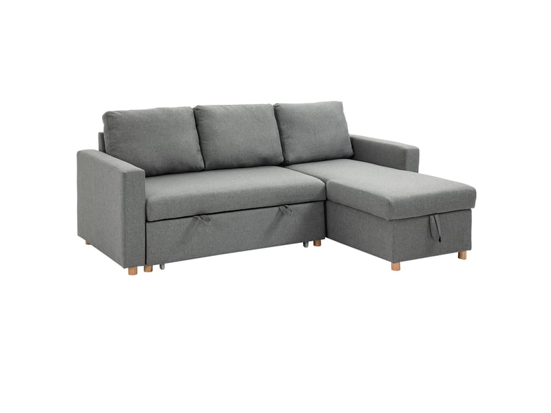  Canapé d'angle convertible canapé lit canapé 3 places modulable avec méridienne réversible, coffre de rangement intégré et 3 coussins de dossier, gris, tissu aspect lin  - Conforama B