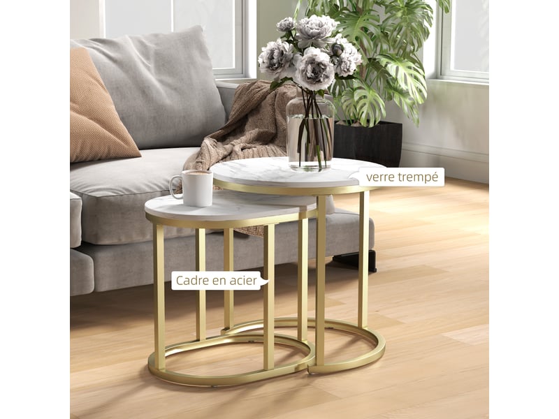  Lot de 2 tables basses tables d'appoint gigognes encastrables structure en acier et plateau en bois aspect or marbre  - Conforama E