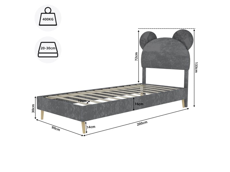  Lit enfant 90x200 cm avec tête dessin animé, tissu et métal, gris, sans matelas  - Conforama C