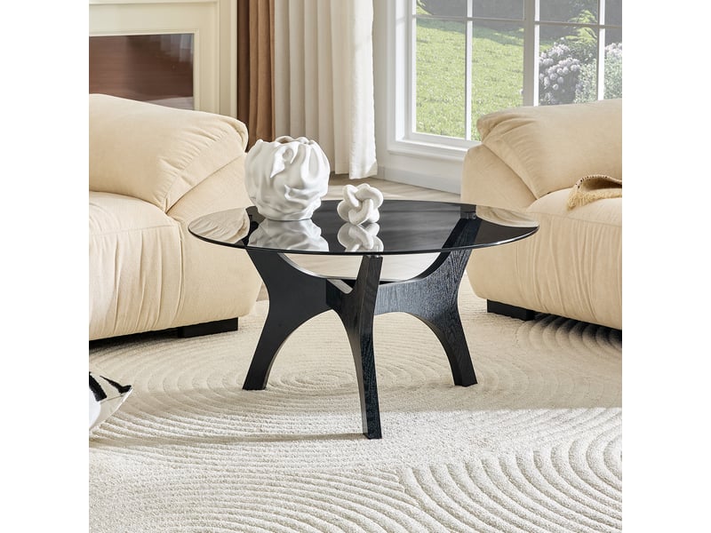 Table basse ronde 80cm verre trempé et bois noir – design moderne et stabilité - Conforama C