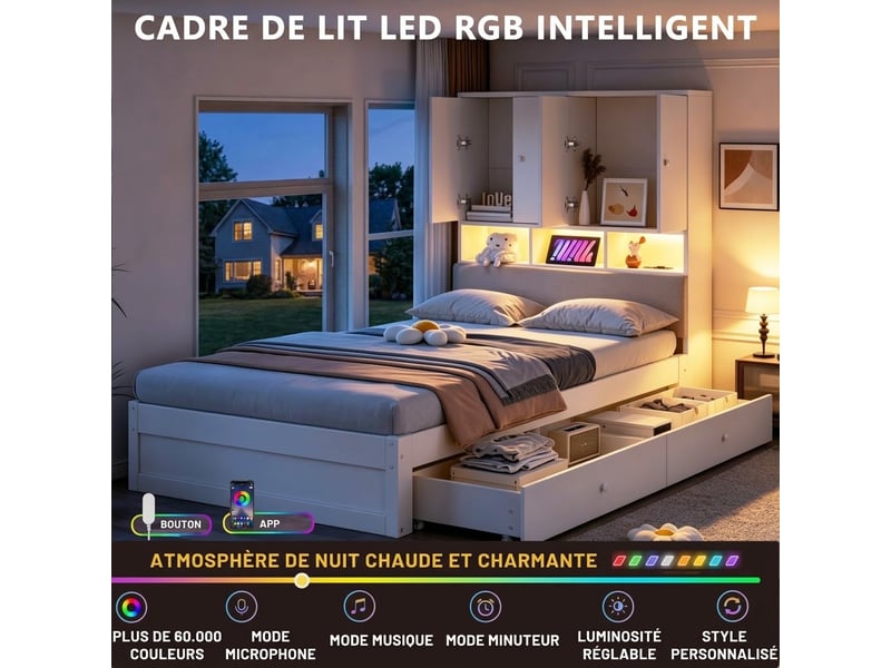  Lit multifonctionnel en bois 90 × 200 cm avec tête de lit rembourrée, rangements intégrés, étagères, éclairage led, prise électrique, tiroirs et sommier à lattes, blanc  - Conforama D