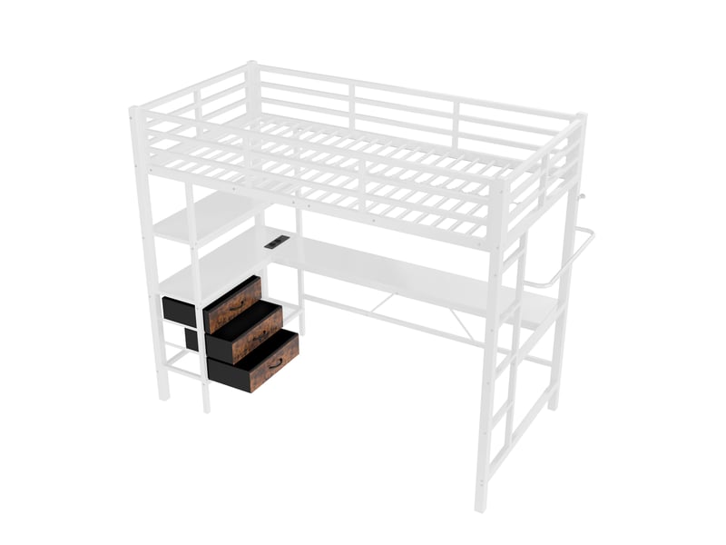 Lit mezzanine blanc 90 × 200 cm, bureau, led, usb, 3 tiroirs et étagères  - Conforama D