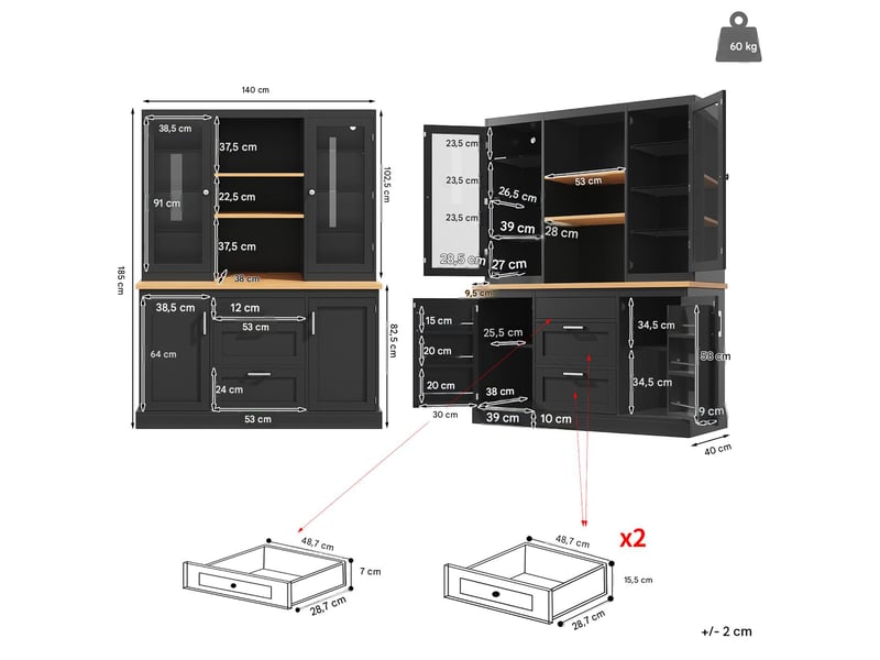  Buffet de cuisine avec led et 3 tiroirs en mdf noir 140x40x185 cm - pangivo  - Conforama C