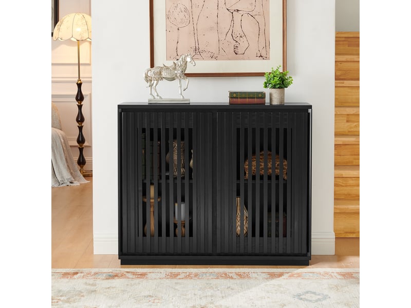  Buffet étroit 99x23,5 cm avec 2 portes rainurées ajourées, étagère réglable et 2 ouvertures pour prises murales, mdf, noir  - Conforama B