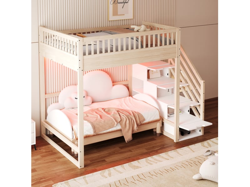  Lit mezzanine 140 × 200 avec escalier de rangement, garde-corps et bande led, en bois couleur naturelle  - Conforama D