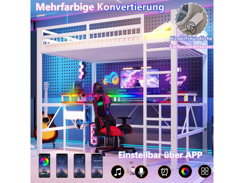  Lit mezzanine 140 x 200 cm sans matelas, structure métal, bureau, led, usb et type-c, prises, panneau perforé, blanc  - Conforama E