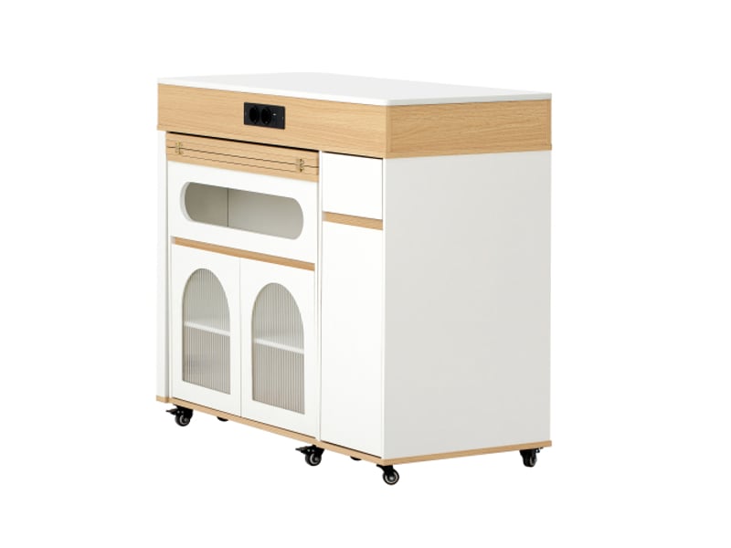 Îlot de cuisine sur roulettes – table extensible, verre strié, multiprises, buffet avec tiroir – blanc et naturel - Conforama E