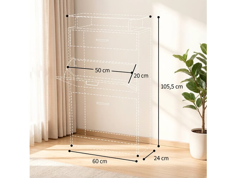  Meuble à chaussures ulevr à 2 abattants avec rangement, 60 x 24 x 105,5 cm, panneau de particules e1 et verre, blanc et chêne clair  - Conforama C